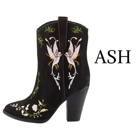 Ash  Black Floral Embroidered Heeled Boots - Picture 1 of 5